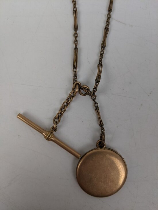 Vintage Antique Victorian? Gold Tone Pocket Watch Chain Fob Bar Floral Locket main image 6